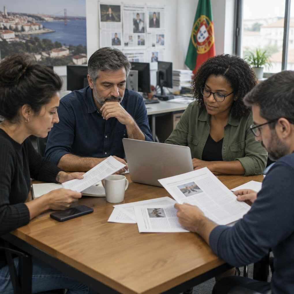 Small newsroom team discussing documents around a table
