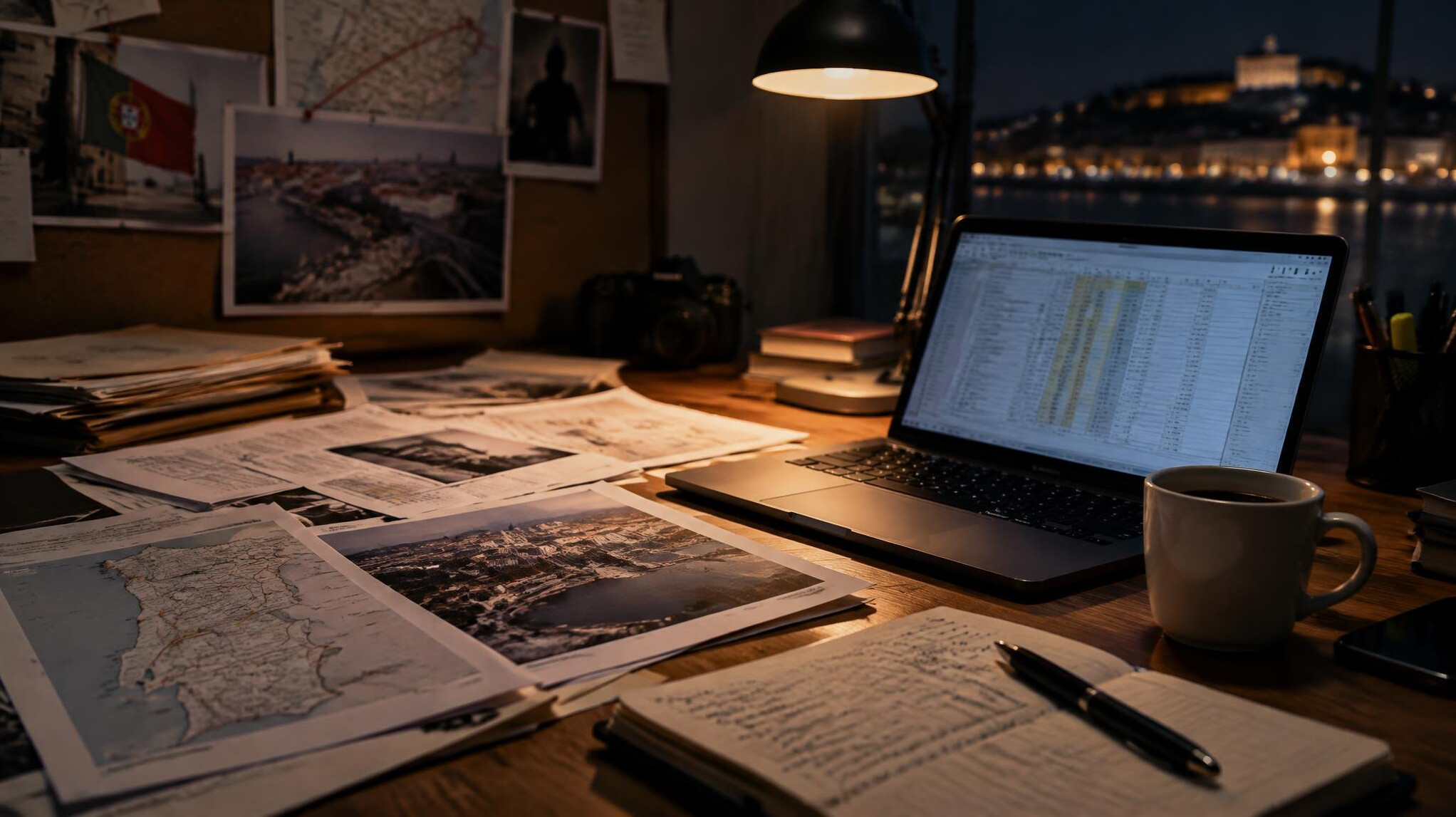 Journalist reviewing documents and data charts on a desk at night