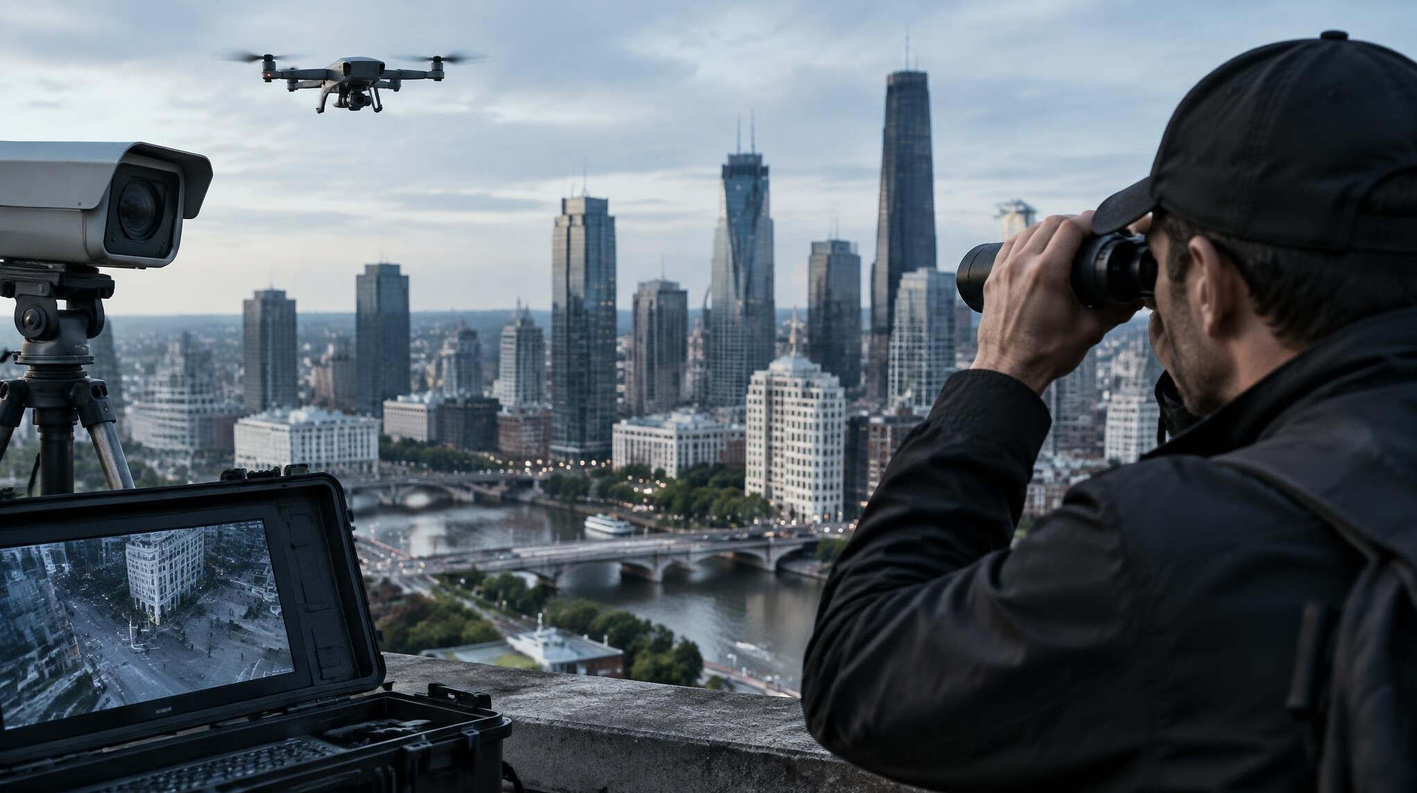 drone flying over city