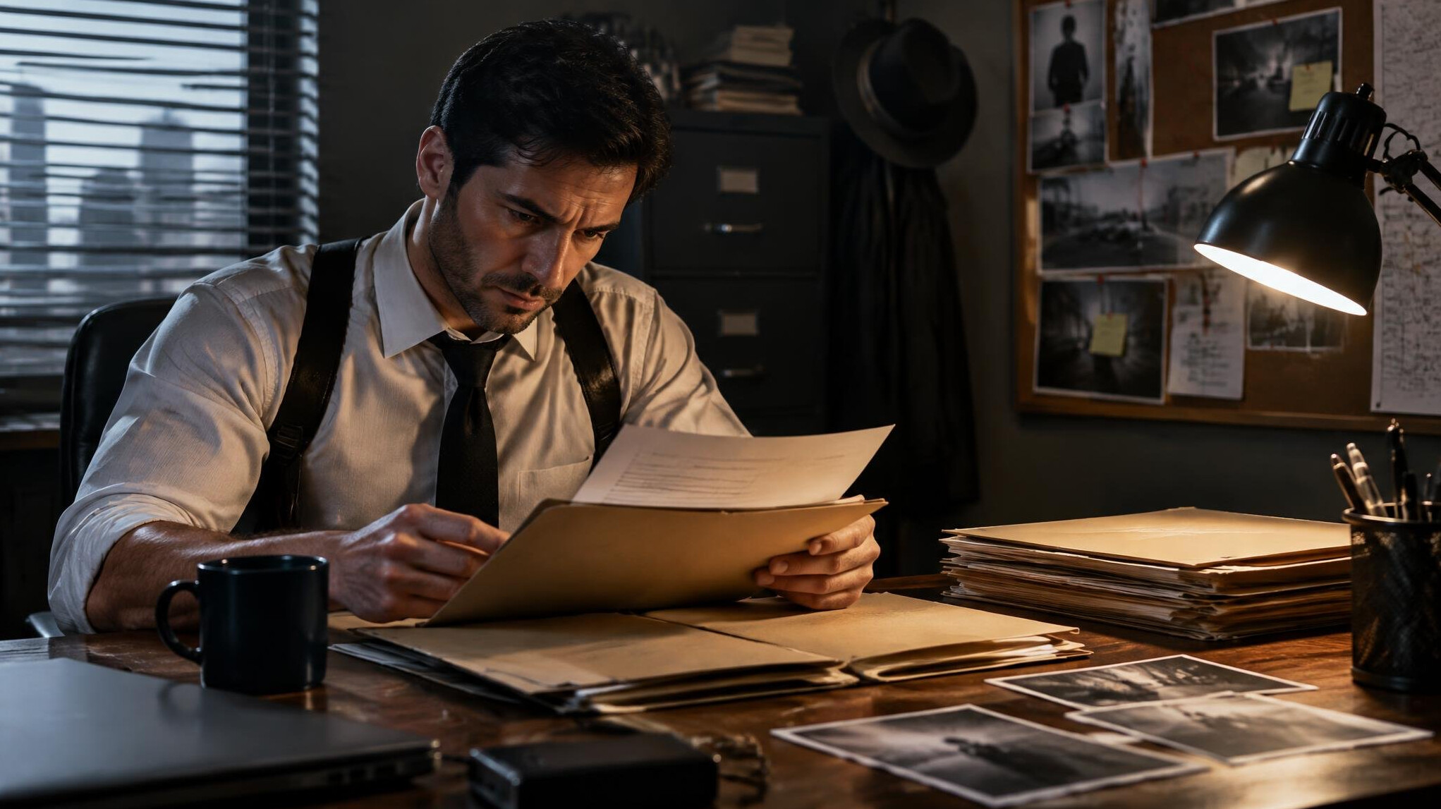 private investigator examining documents