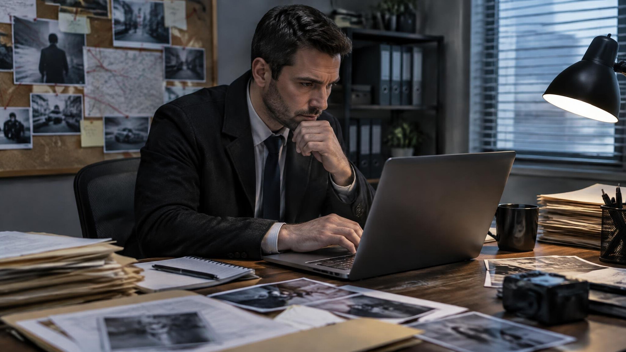 detective using laptop in office